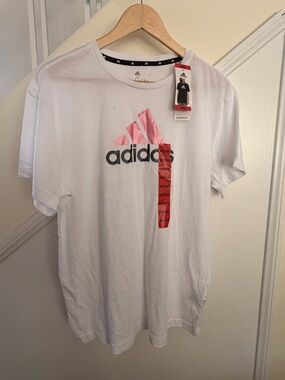 adidas White T-Shirt with Pink Logo and Black Wordmark